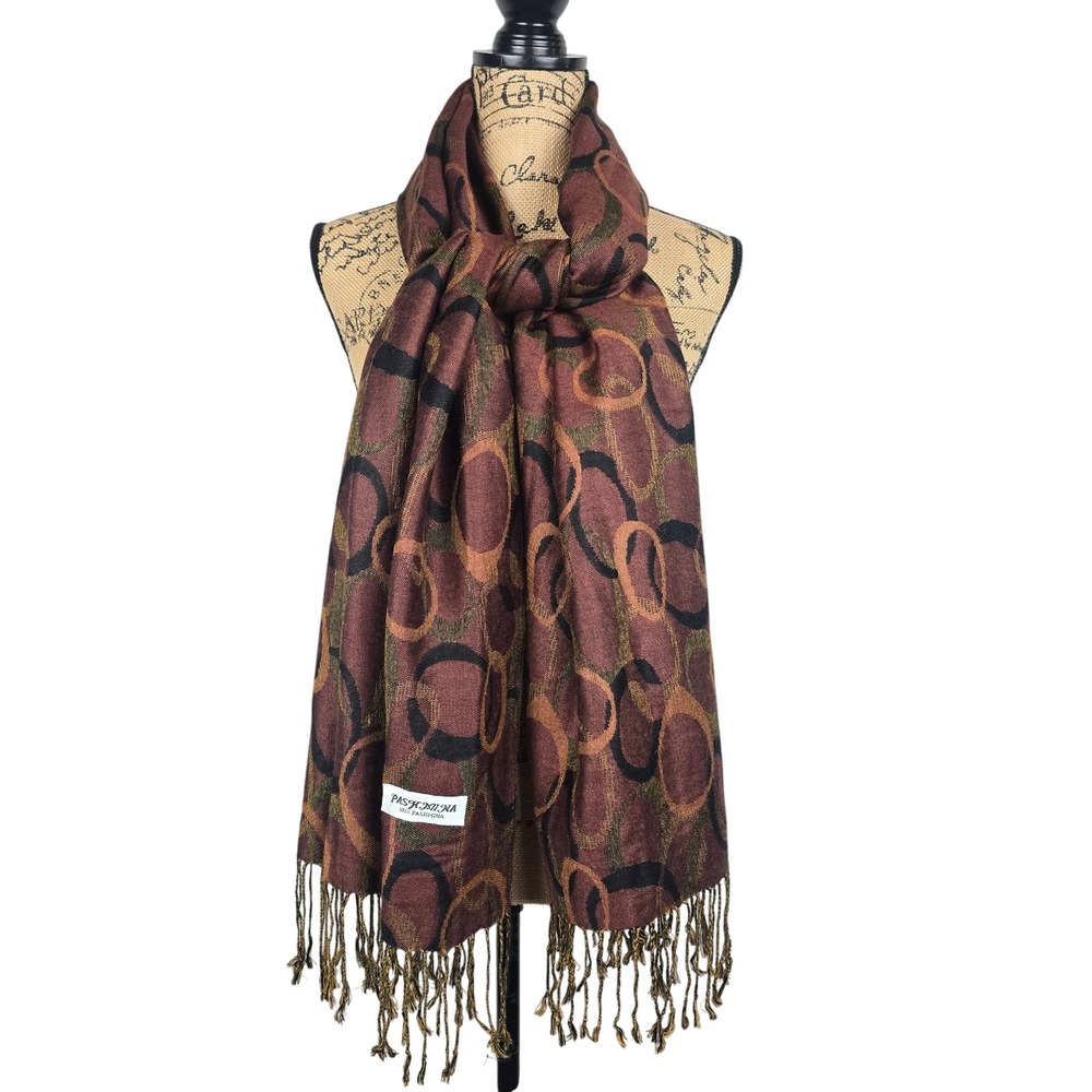 Pashmina 100% Pashmina Scarf Wrap‎ Burgundy Copper Geometric Circle Fringe Shawl